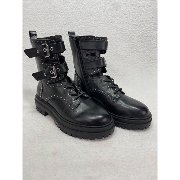 Chelsea & Violet size 6 Rhea Studded Leather Combat Boot Lace Up Quick Side Zip - Picture 1 of 10